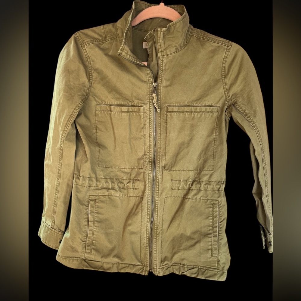 J CREW UTILITY JACKET WOMEN XXS ARMY GREEN DRAWSTRING WAIST 4 POCKET FULL ZIP